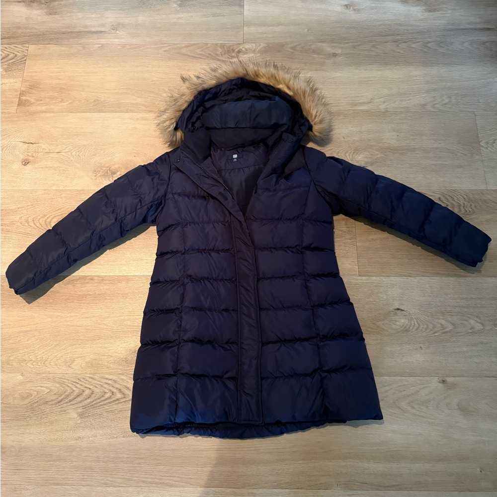 Navy Hooded Puffer Coat with Faux Fur Trim kids medium